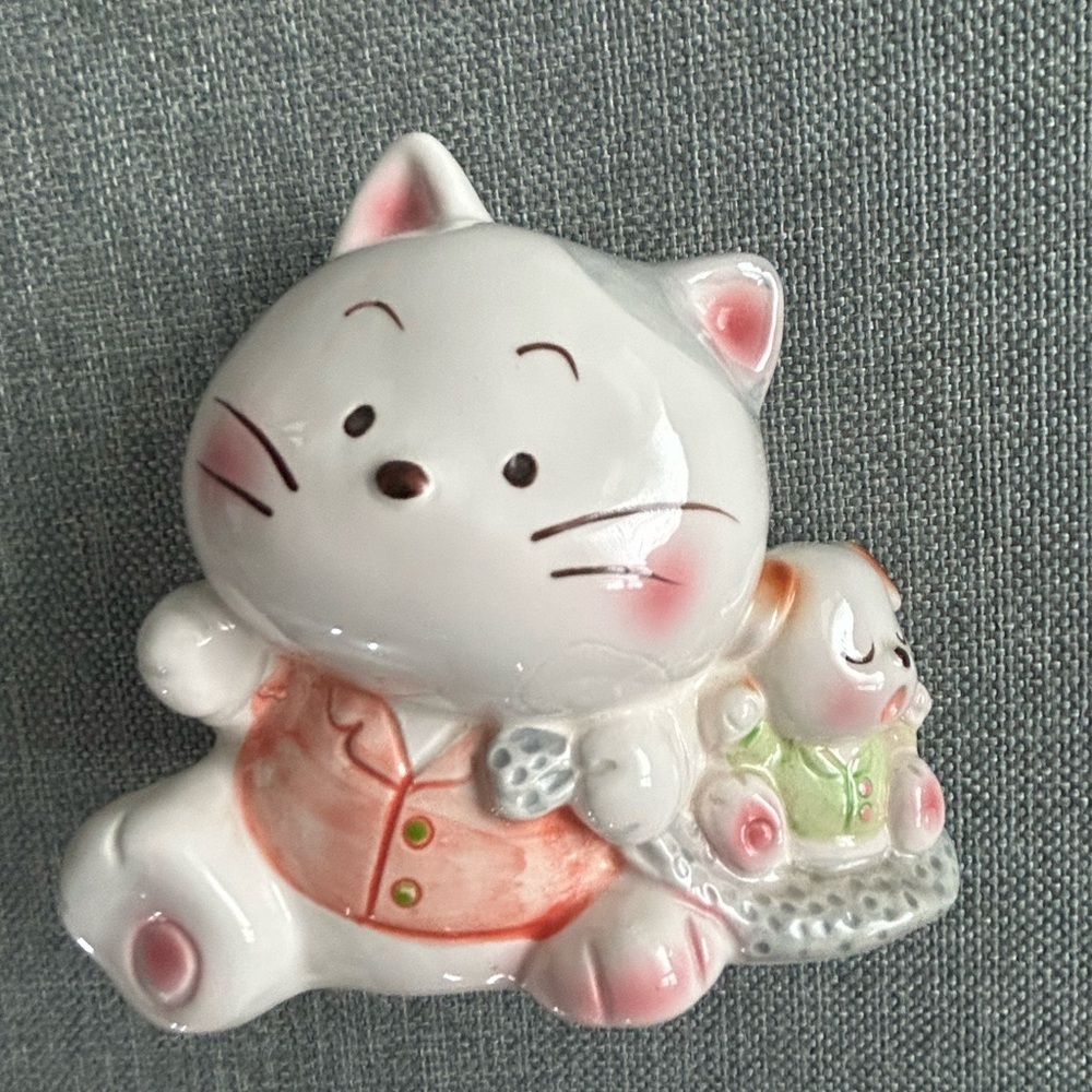Vintage Japan Hand Painted Chubby Cat & Puppy Porcelain Bank Figurine